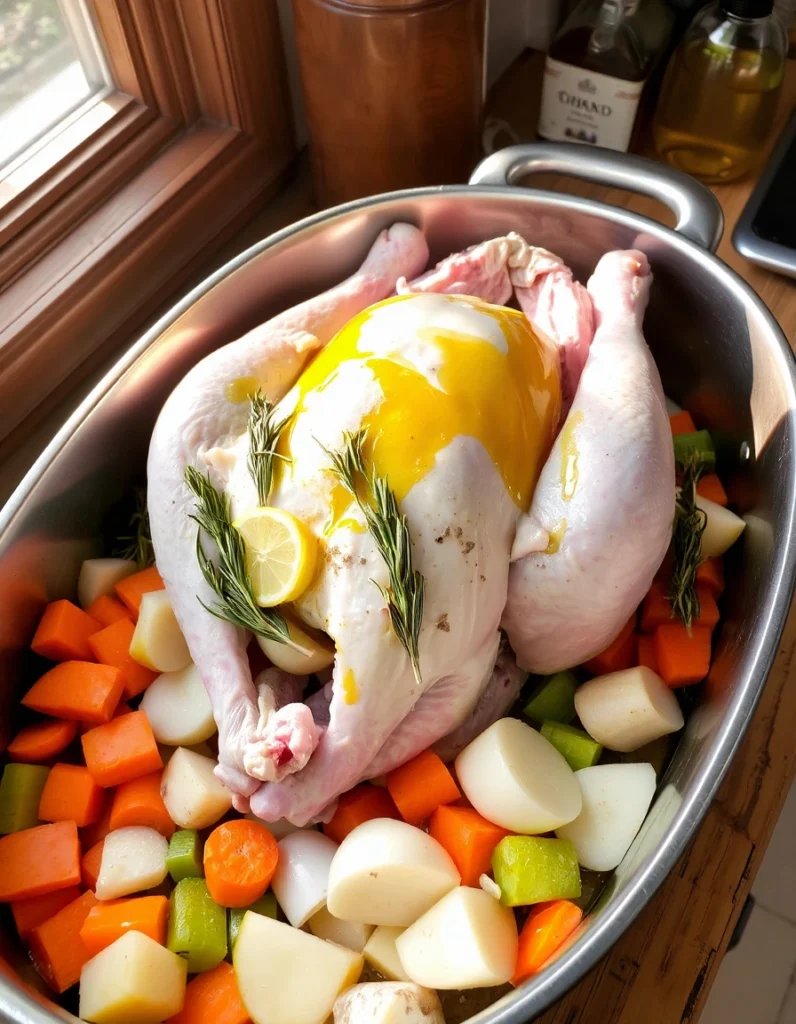 An electric turkey roaster oven with a golden, roasted turkey inside, placed on a kitchen counter with herbs and spices nearby.