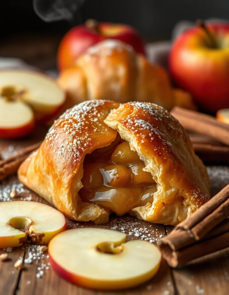 Golden, flaky old-fashioned apple turnovers filled with spiced apple filling on a wooden table with fresh apples and cinnamon sticks in the background