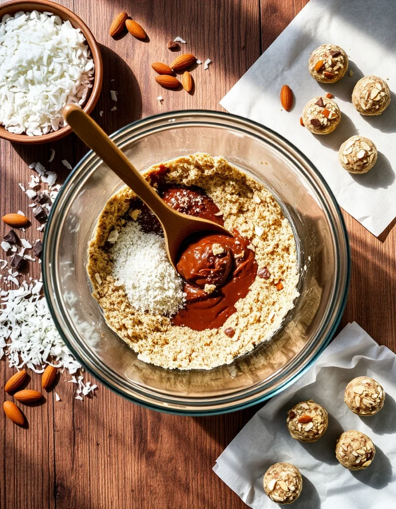 Almond Joy protein balls topped with shredded coconut and almonds, arranged on a plate with a rustic background.