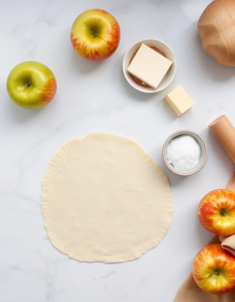 Golden, flaky old-fashioned apple turnovers filled with spiced apple filling on a wooden table with fresh apples and cinnamon sticks in the background