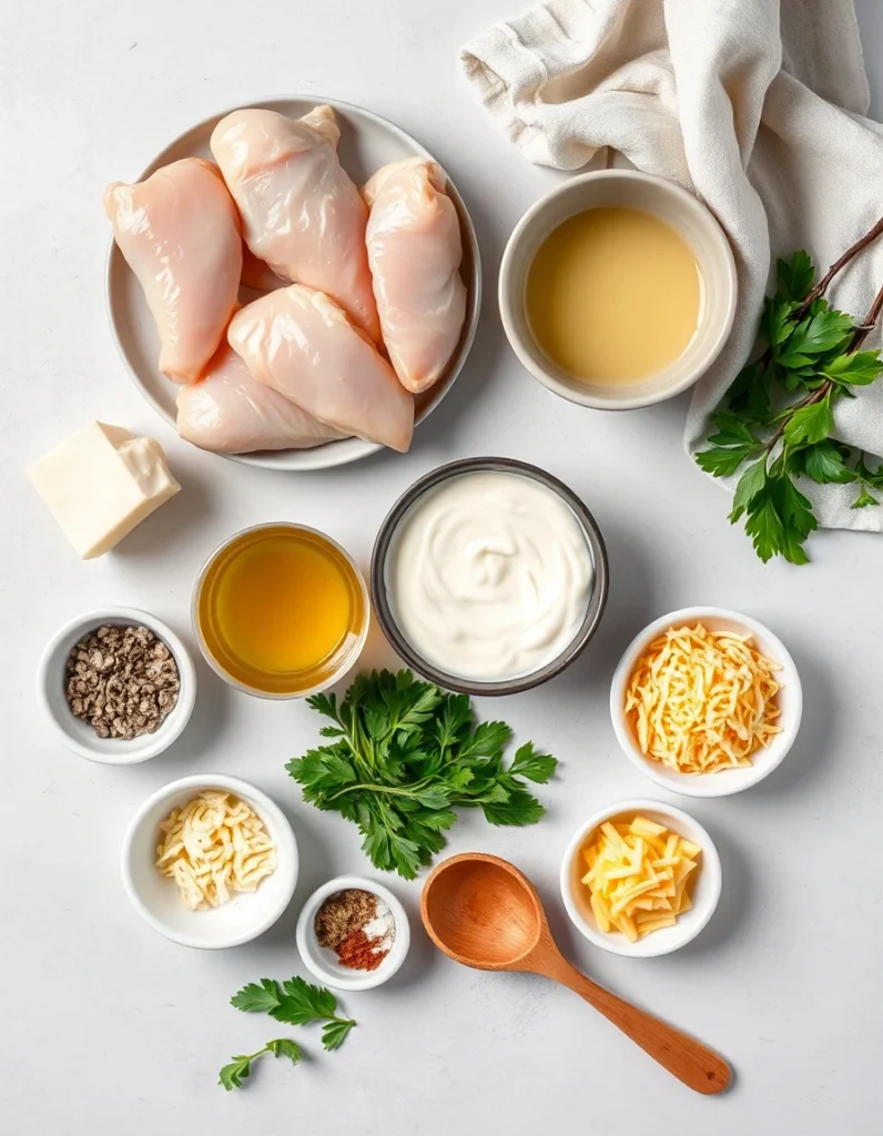 Slow cooker cream cheese chicken served in a white bowl, garnished with fresh parsley and accompanied by a side of roasted vegetables.