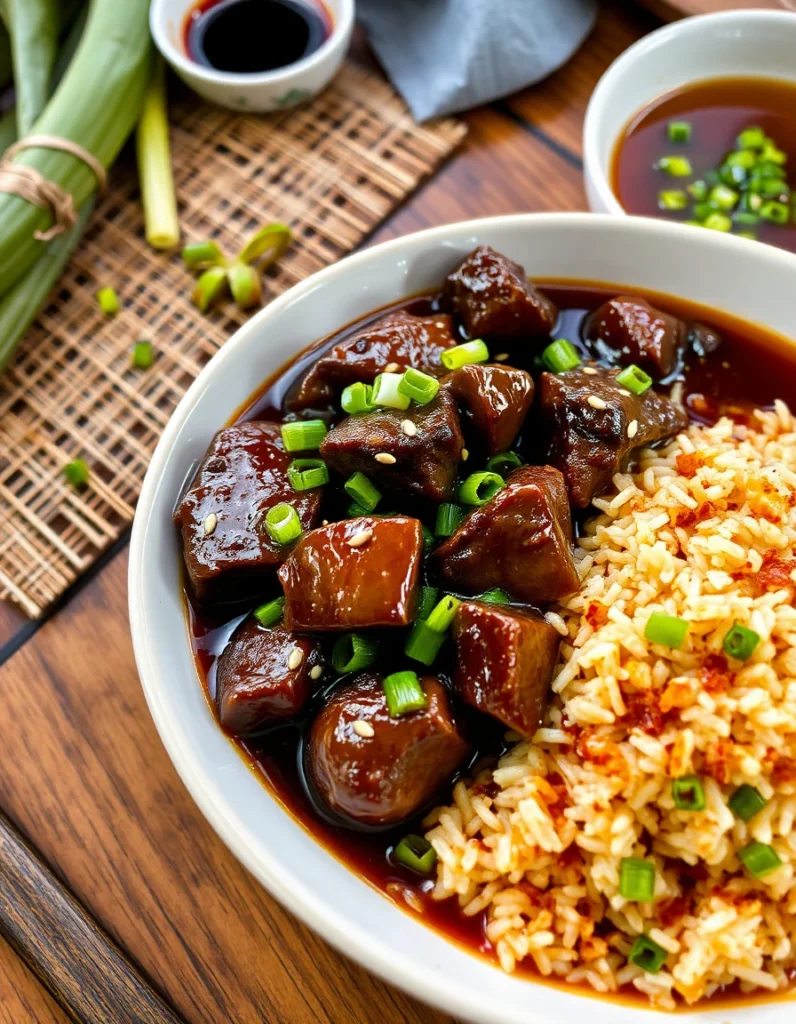 A close-up of a traditional Beef Pares dish featuring tender beef chunks in a glossy soy-based sauce, served with garlic fried rice and a bowl of clear beef soup.