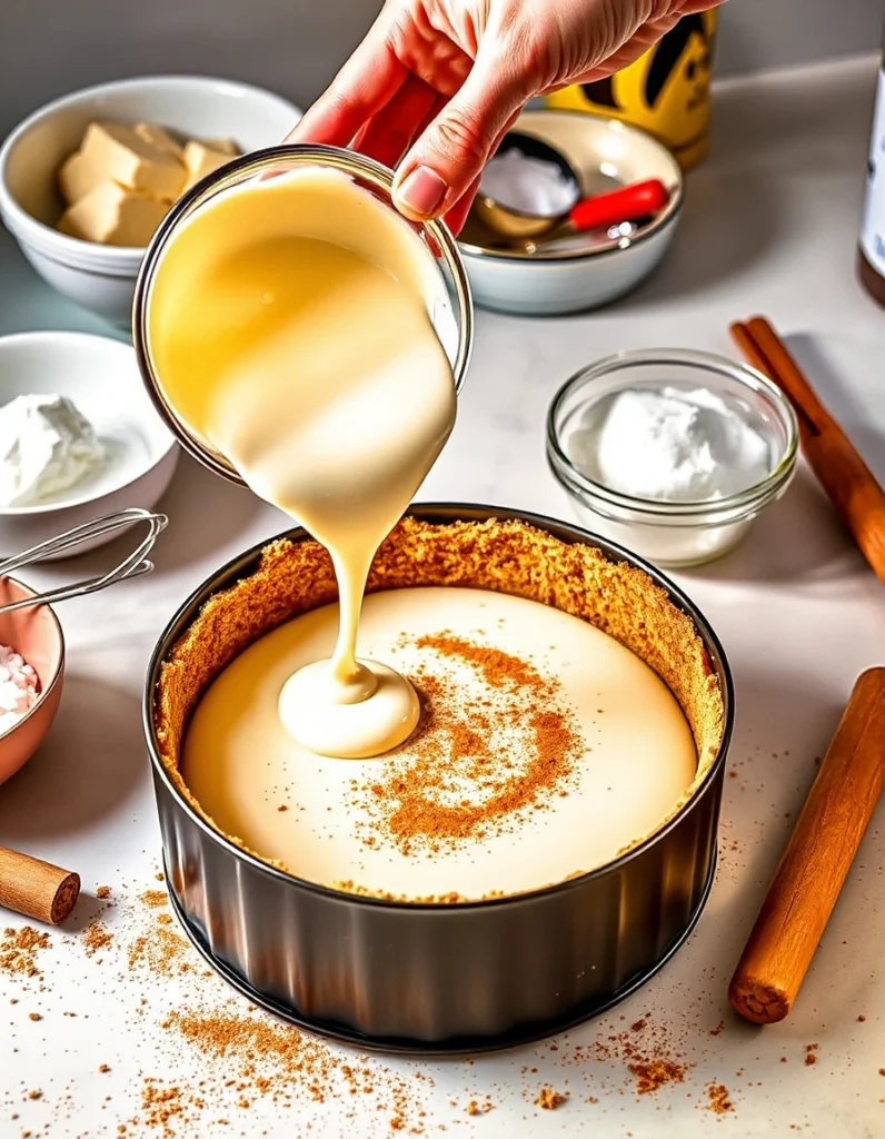 Churro cheesecake with cinnamon-sugar crust, creamy filling, and a drizzle of caramel sauce.