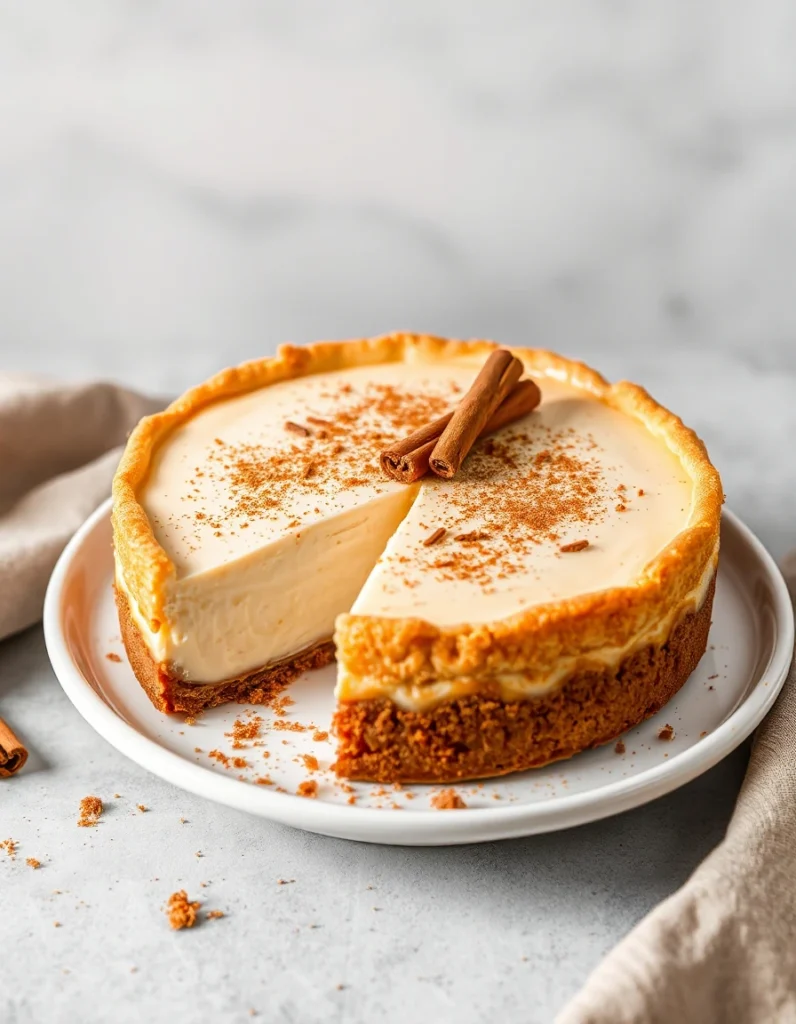 Churro cheesecake with cinnamon-sugar crust, creamy filling, and a drizzle of caramel sauce.