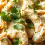 Close-up of slow cooker cream cheese chicken with shredded chicken coated in a creamy, ranch-seasoned sauce and topped with fresh parsley.
