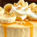 Banana pudding cheesecake topped with fresh banana slices, whipped cream, and caramel drizzle