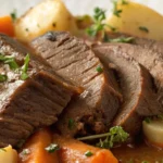 Close-up of tender pot roast slices with carrots, potatoes, and fresh herbs in savory gravy