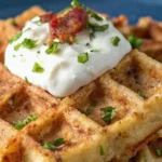 Crispy potato waffles topped with sour cream, bacon, and chopped chives on a blue plate
