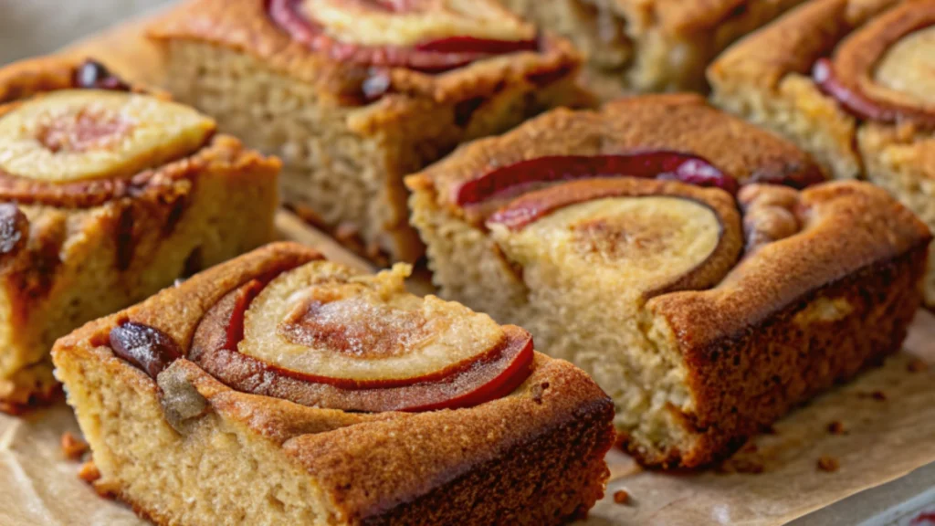 Moist apple fritter cake slices topped with baked apple rounds and cinnamon sugar