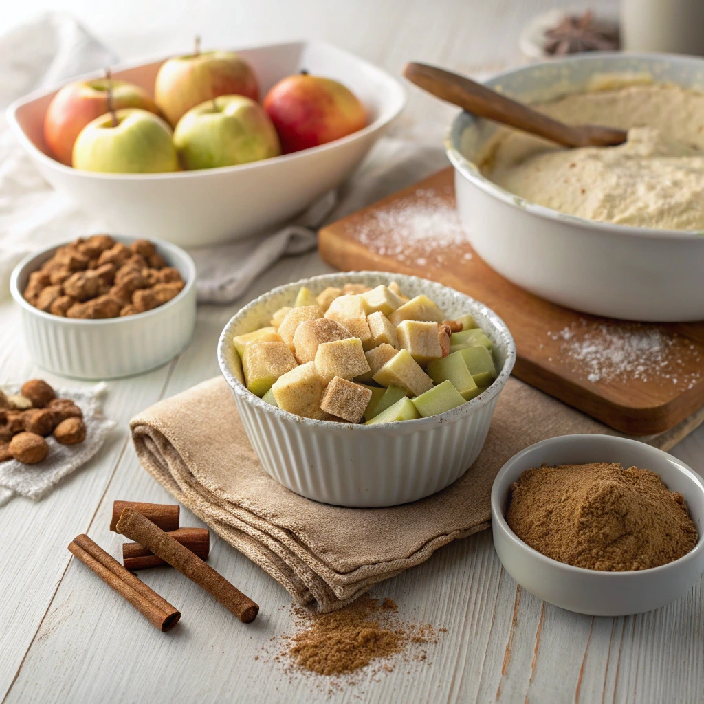 Chopped apples, cinnamon, and ingredients for apple fritter cake preparation on a rustic table