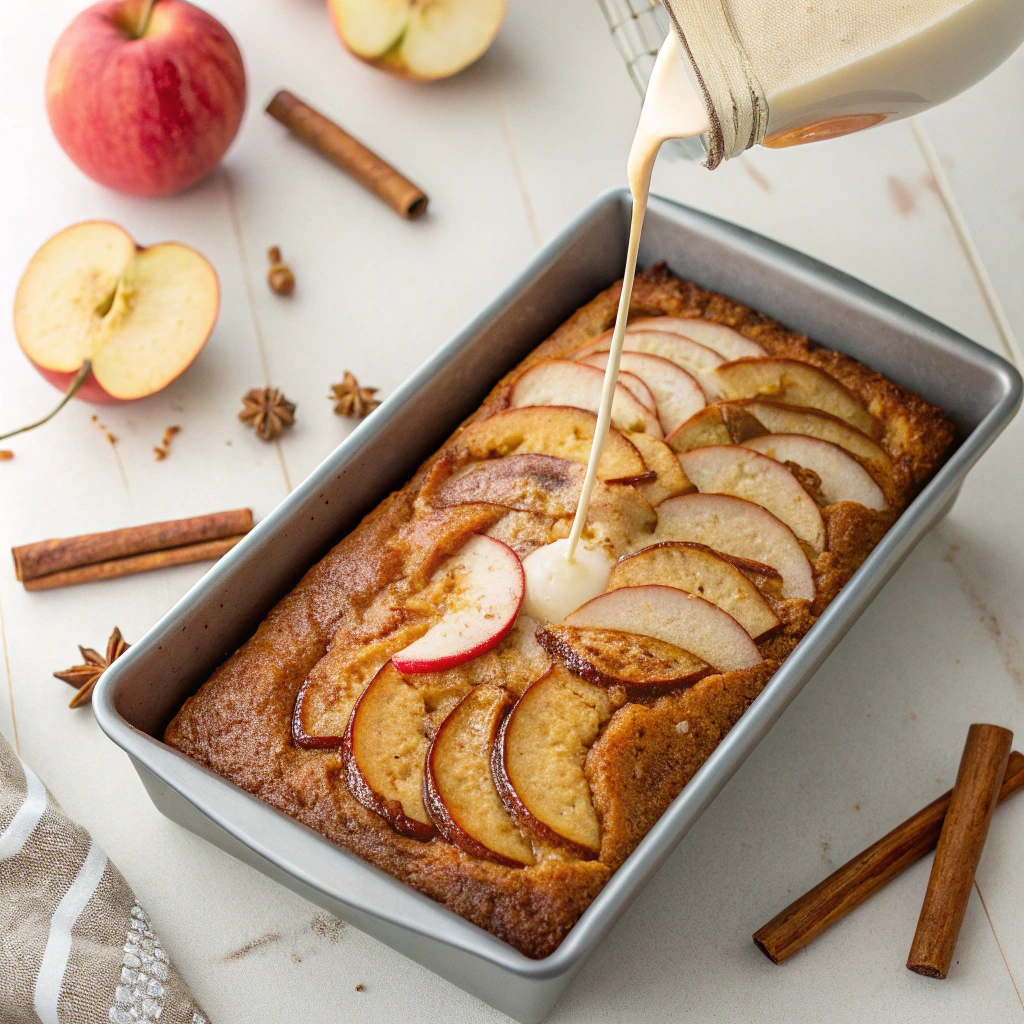 Glaze being poured over freshly baked apple fritter cake with cinnamon and sliced apples on top