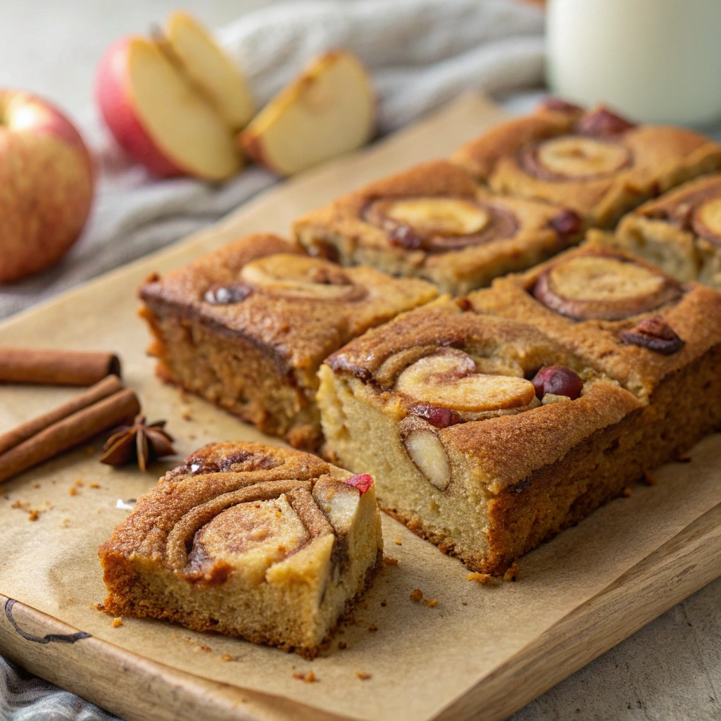 Sliced apple fritter cake bars with baked apple pieces and cinnamon on a wooden board