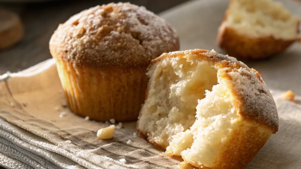 Moist applesauce muffins with a fluffy interior and golden crust on a napkin