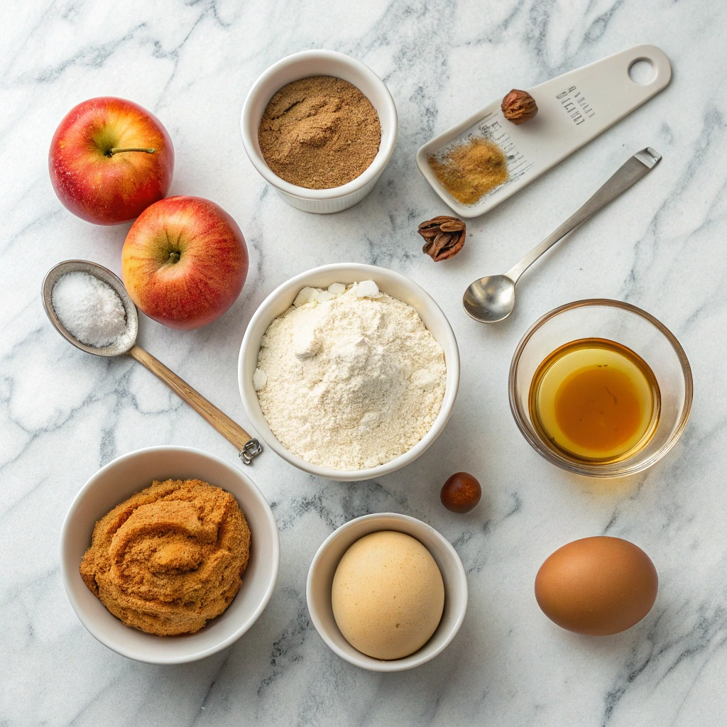 Flat lay of applesauce muffin ingredients including apples, flour, spices, eggs, and sugar