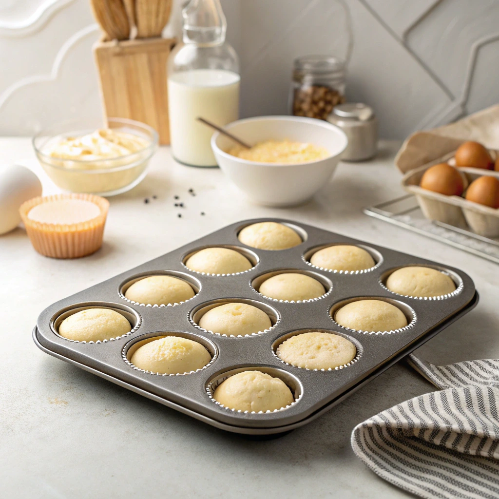 Muffin batter in a metal tray ready to bake for homemade applesauce muffins