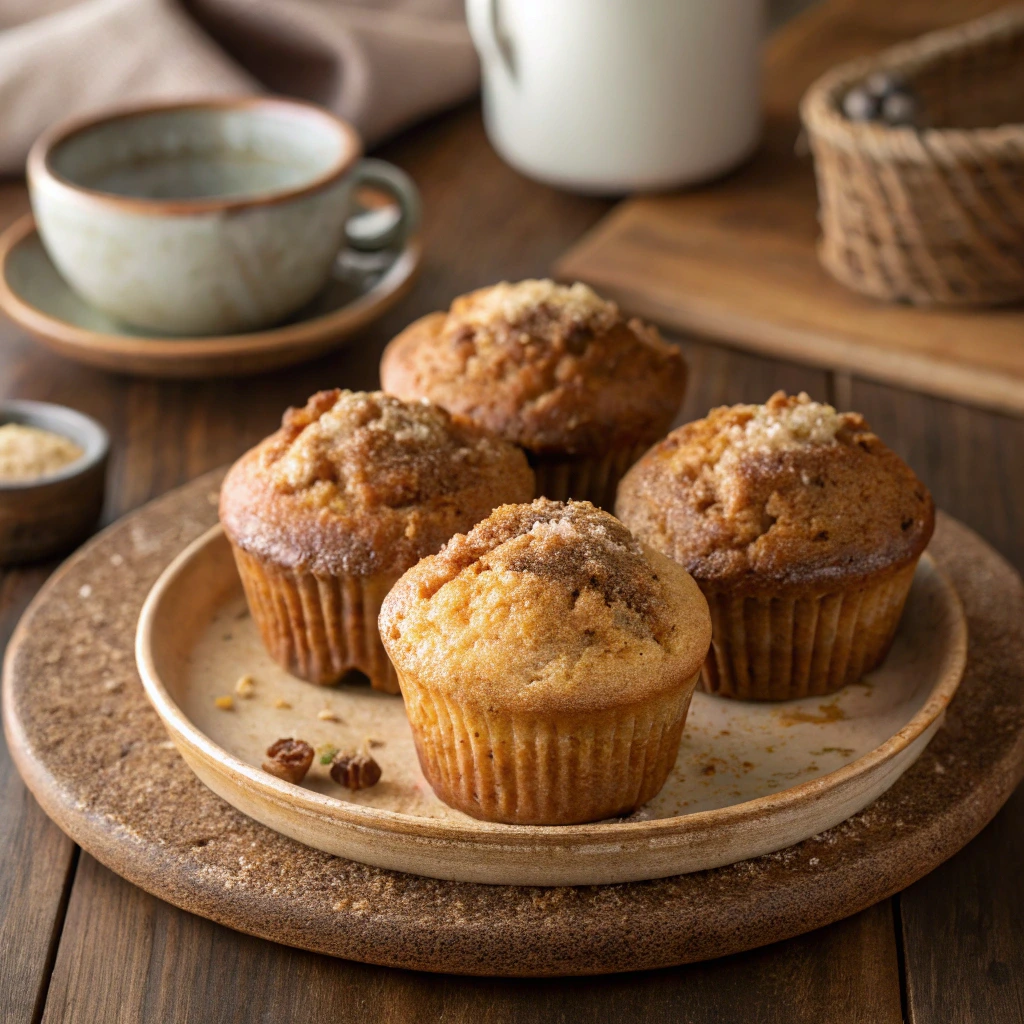 Freshly baked applesauce muffins topped with cinnamon sugar on a ceramic plate