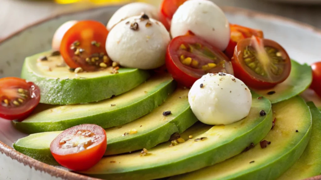 Avocado Caprese Salad with fresh mozzarella balls, sliced avocado, and cherry tomatoes seasoned with cracked pepper.