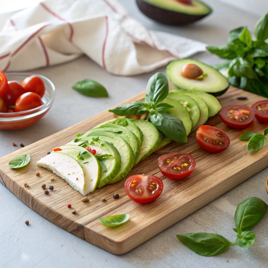 Sliced avocado, fresh mozzarella, and cherry tomatoes arranged on a wooden board for an Avocado Caprese Salad.