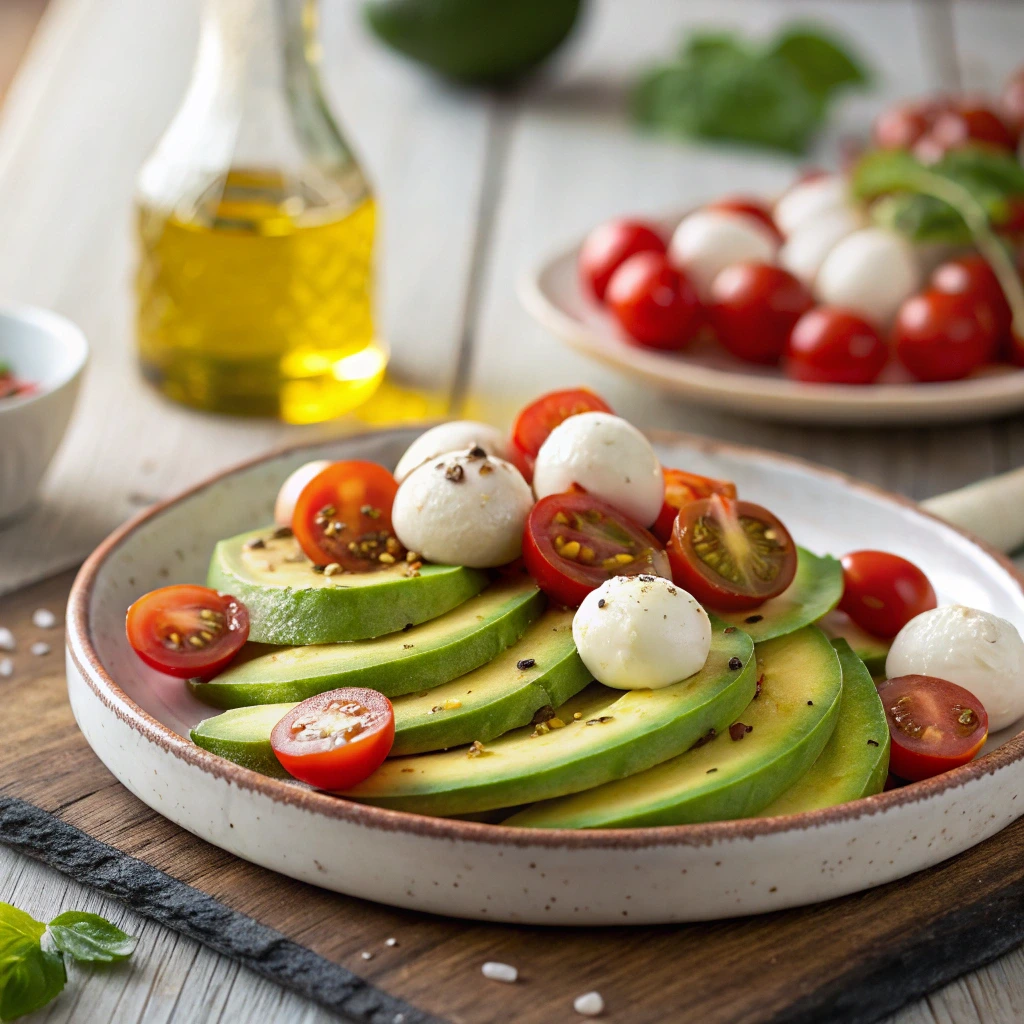 Avocado Caprese Salad with sliced avocado, cherry tomatoes, and mozzarella balls served on a ceramic plate.
