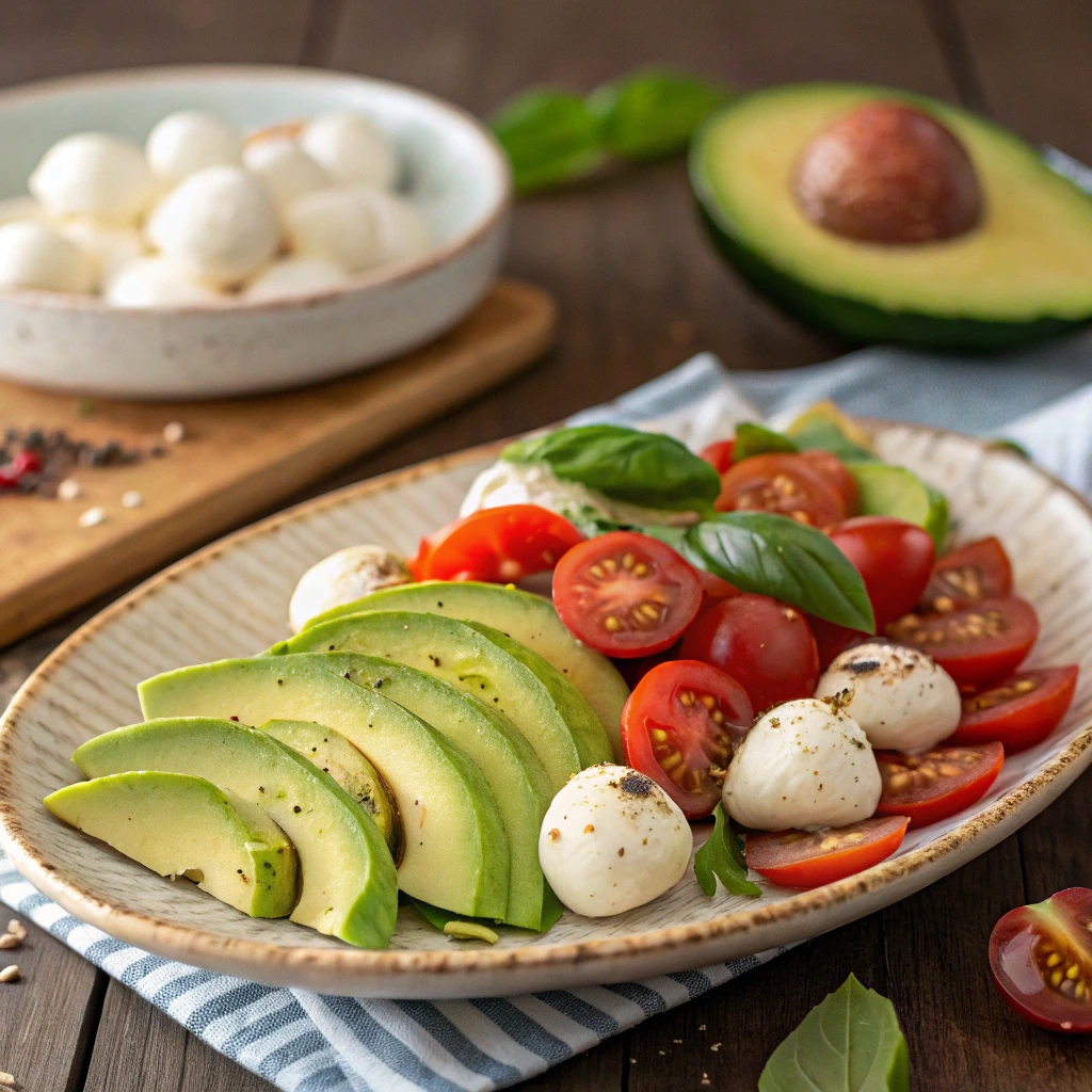 Colorful Avocado Caprese Salad with sliced avocado, cherry tomatoes, mozzarella balls, and fresh basil on a ceramic plate.