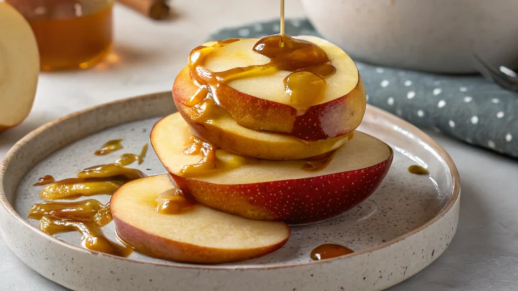 Stack of caramel apple slices drizzled with caramel sauce on a ceramic plate, showcasing glossy caramel coated apple wedges.