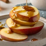 Stack of caramel apple slices drizzled with caramel sauce on a ceramic plate, showcasing glossy caramel coated apple wedges.