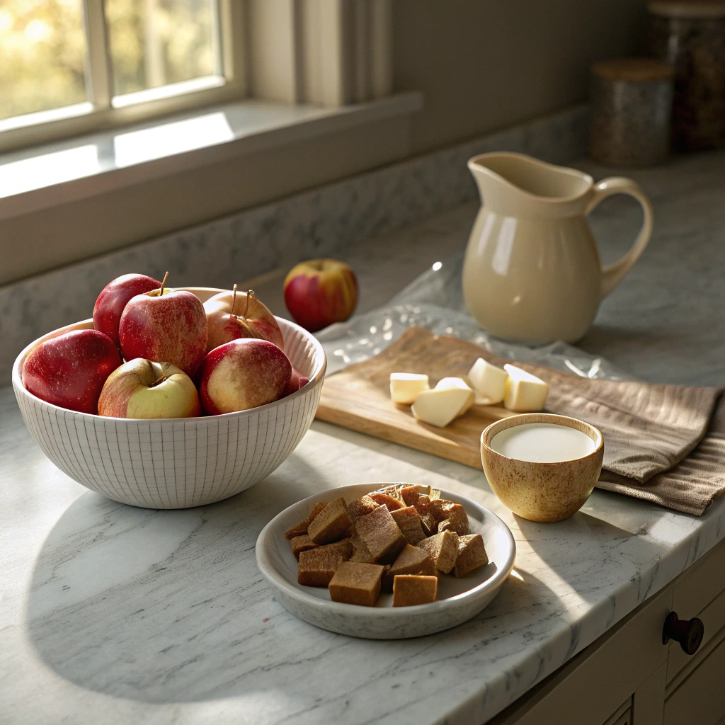 Fresh apples, caramel cubes, cream, and sliced apples prepared on a kitchen counter for making caramel apple slices.