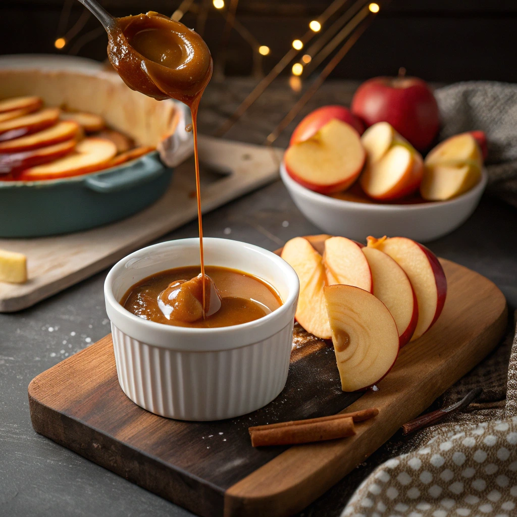 Sliced apples next to a bowl of melted caramel, ready for dipping and making caramel apple slices.
