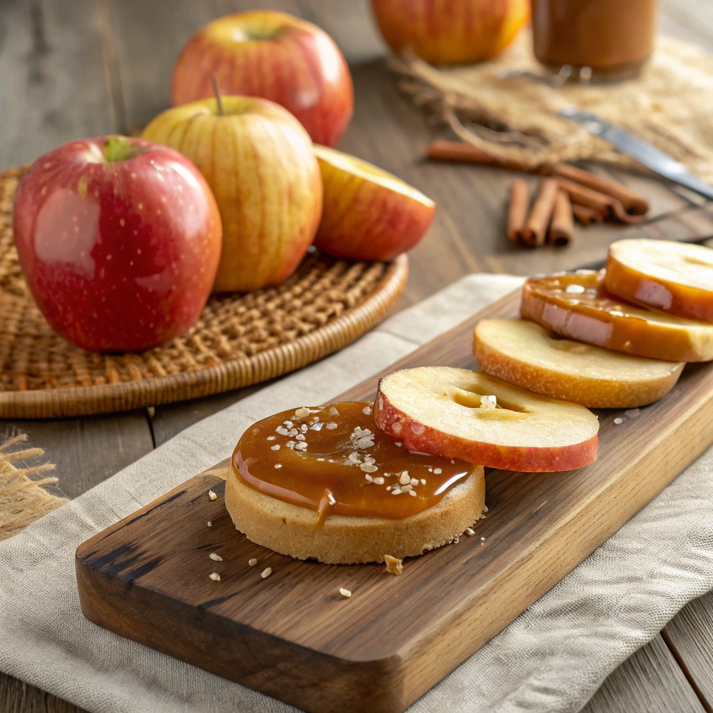Sliced apples topped with caramel and sea salt, arranged on a wooden board, perfect for making caramel apple slices.