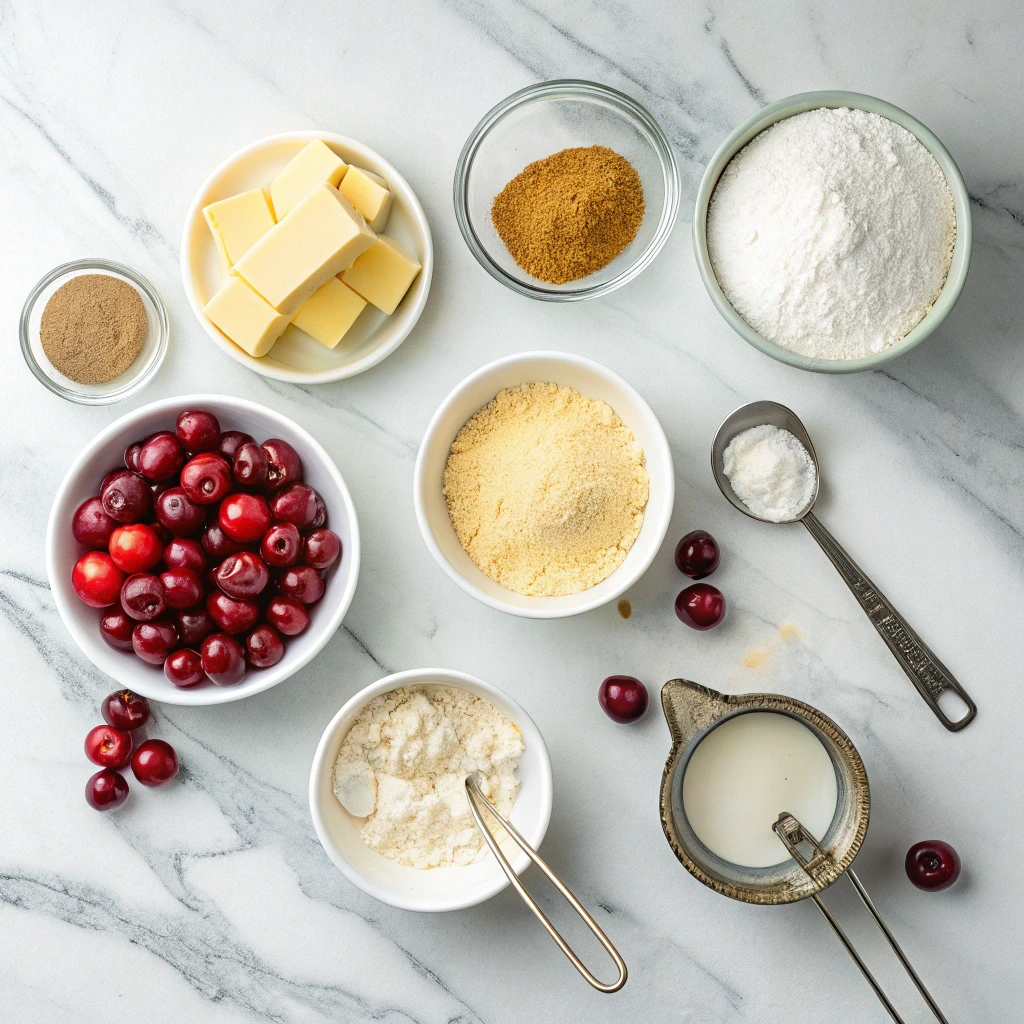 Ingredients for cherry cornmeal crumb bars laid out on a marble surface, including cherries, cornmeal, butter, and flour.
