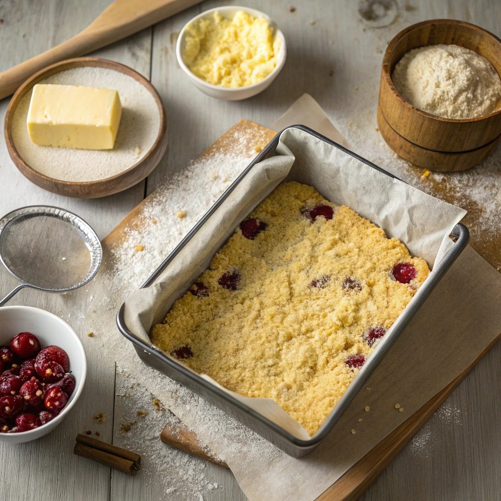Unbaked cherry cornmeal crumb bars in a parchment-lined pan, surrounded by ingredients like butter, cornmeal, and cherries.