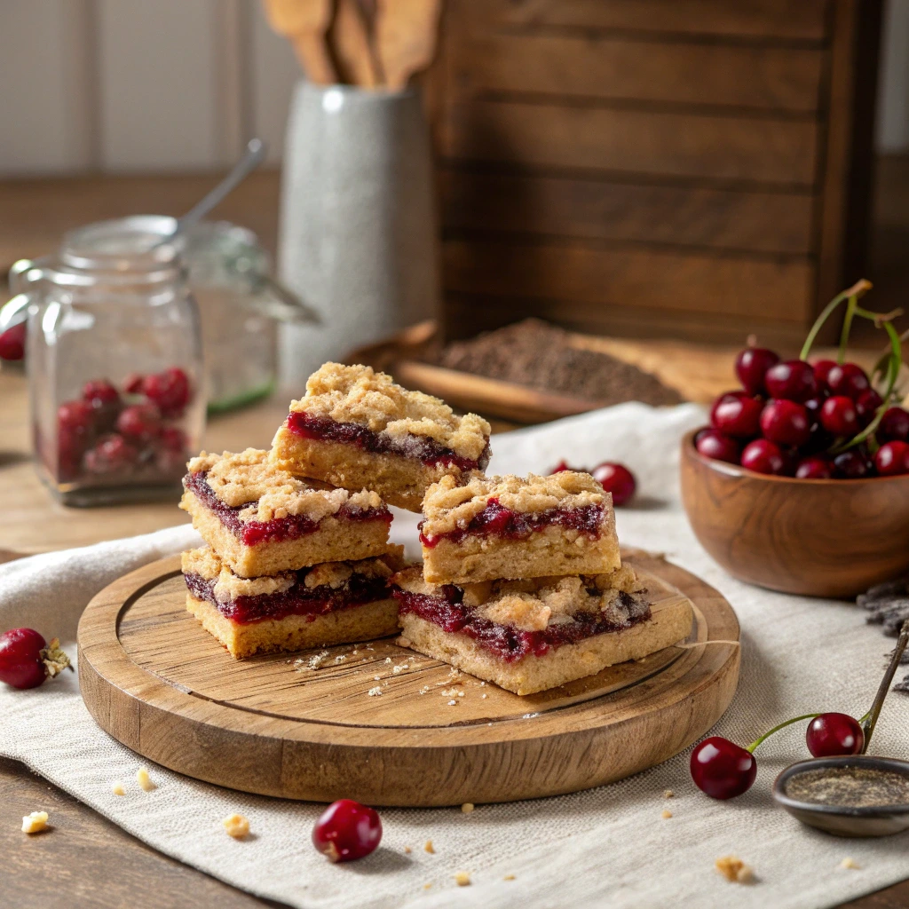 Stacked cherry cornmeal crumb bars on a wooden serving board, surrounded by fresh cherries and rustic kitchen decor.