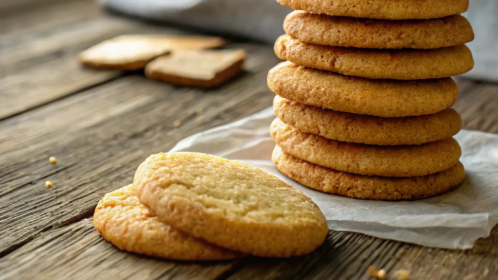 Freshly baked chocolate chipless cookies stacked neatly on parchment paper over a rustic wooden table, showcasing their golden buttery texture.