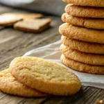 Freshly baked chocolate chipless cookies stacked neatly on parchment paper over a rustic wooden table, showcasing their golden buttery texture.