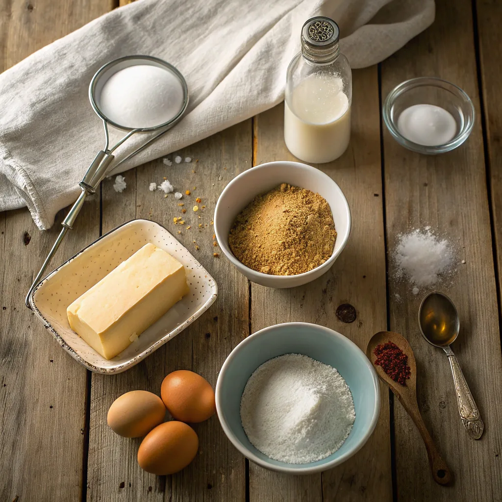 Ingredients for chocolate chipless cookies including butter, eggs, sugar, and flour arranged on a rustic wooden table with natural lighting.