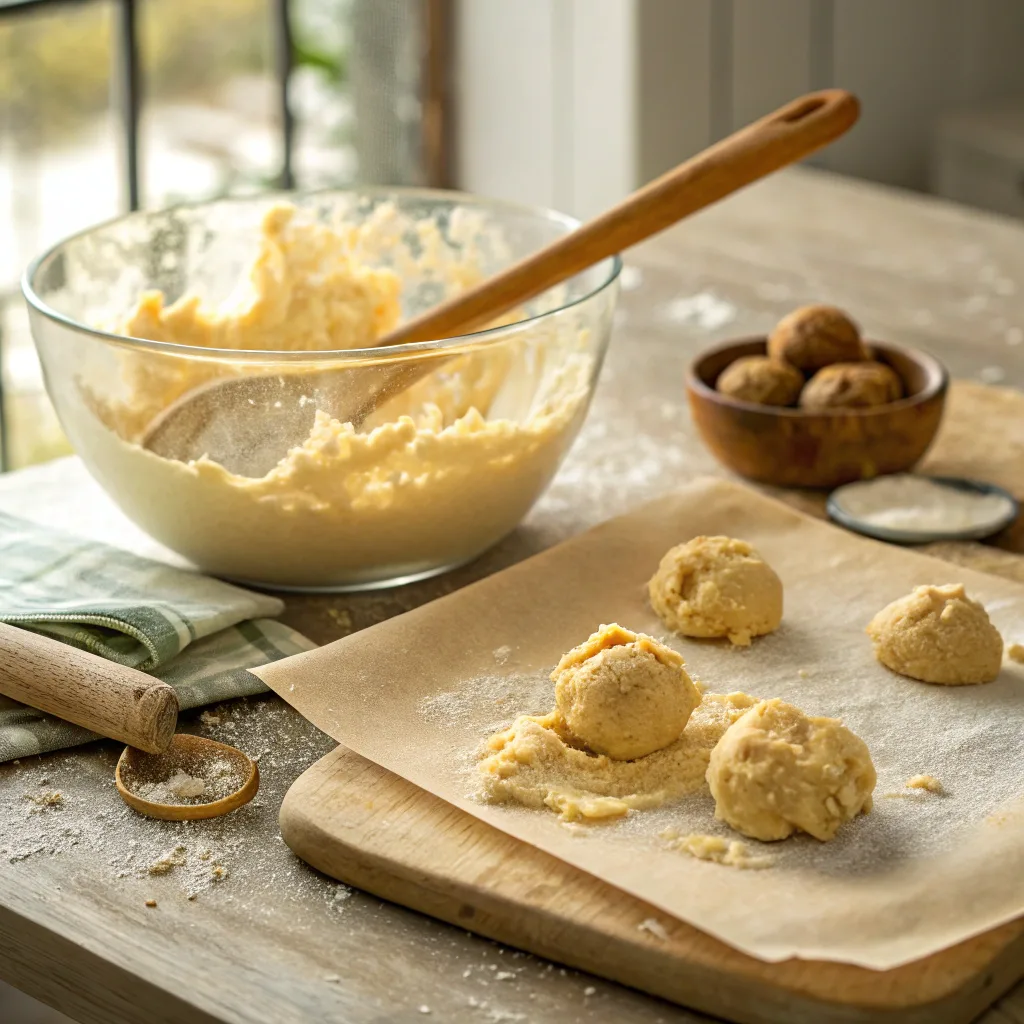 Fresh chocolate chipless cookie dough scooped onto parchment paper, with a mixing bowl and rustic kitchen setting in natural light.