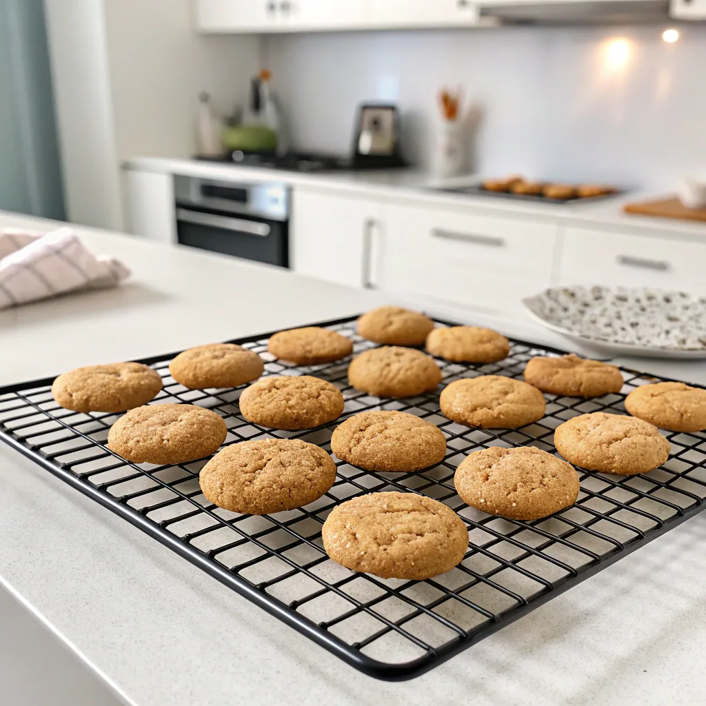 Freshly baked chocolate chipless cookies cooling on a wire rack in a bright modern kitchen.