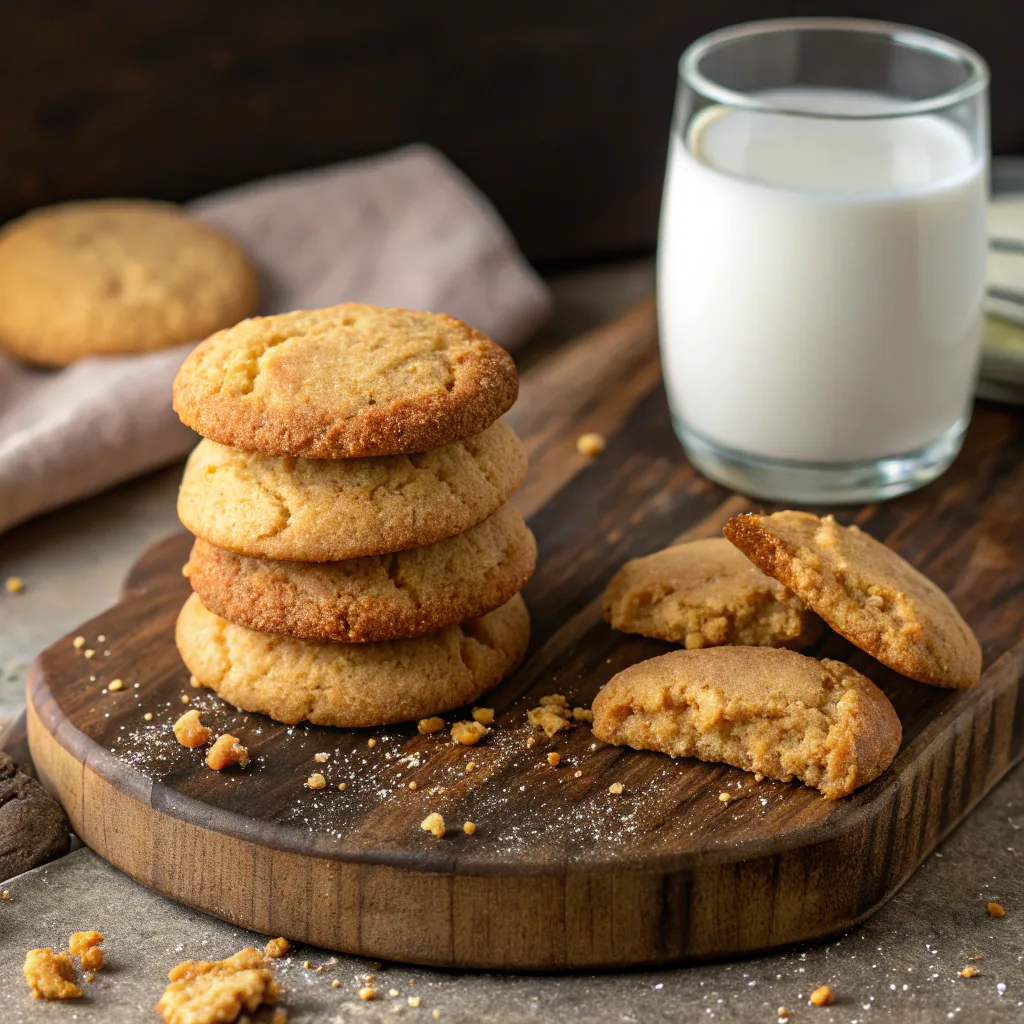 Stack of chocolate chipless cookies with broken cookies and a glass of milk on a rustic wooden board.

