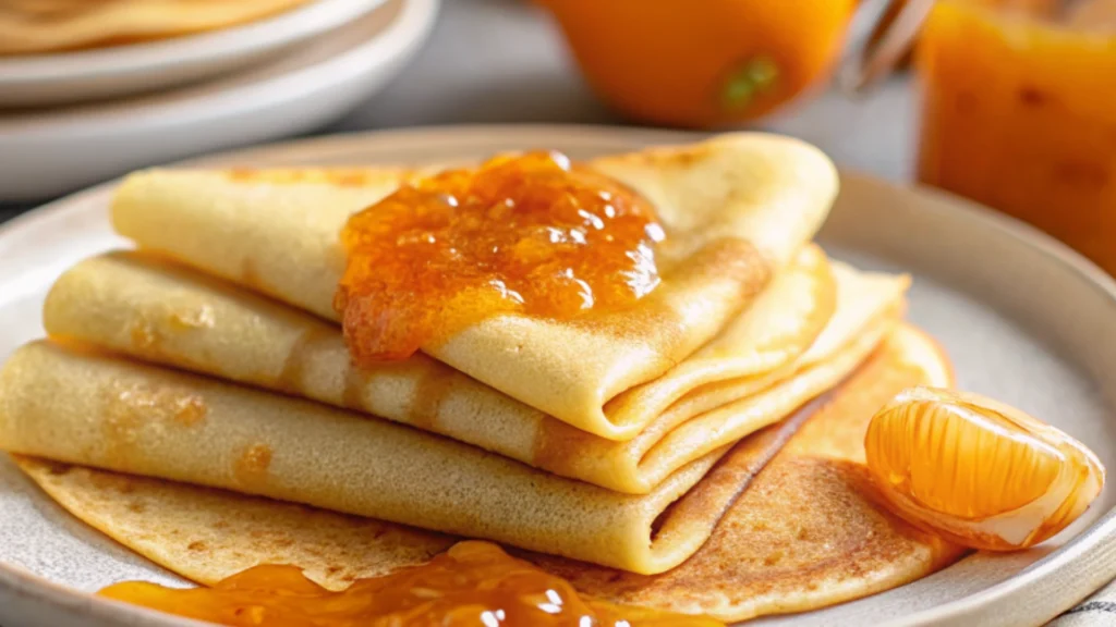 Close-up of Crêpes Suzette with golden crêpes folded neatly, topped with rich orange sauce on a ceramic plate.
