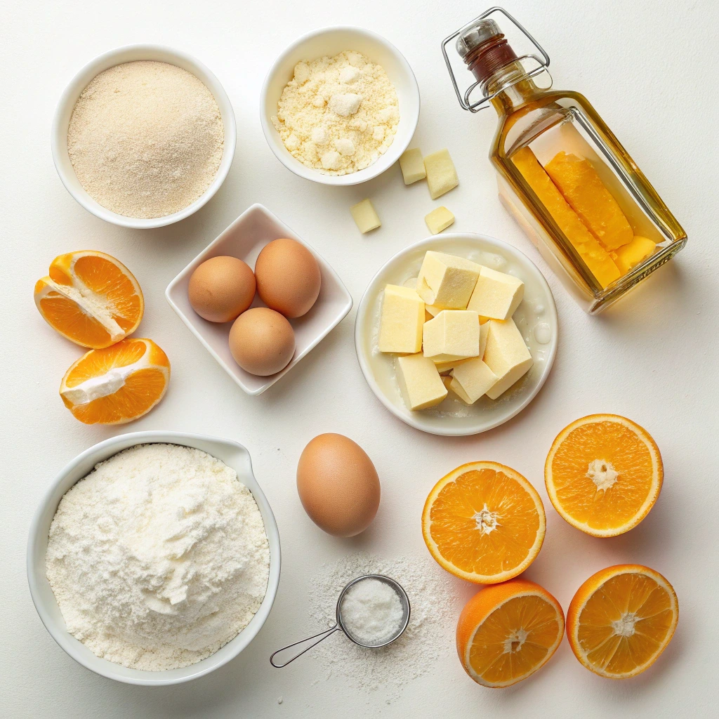 Ingredients for Crêpes Suzette, including fresh oranges, eggs, flour, butter, sugar, and liqueur, arranged on a white background.