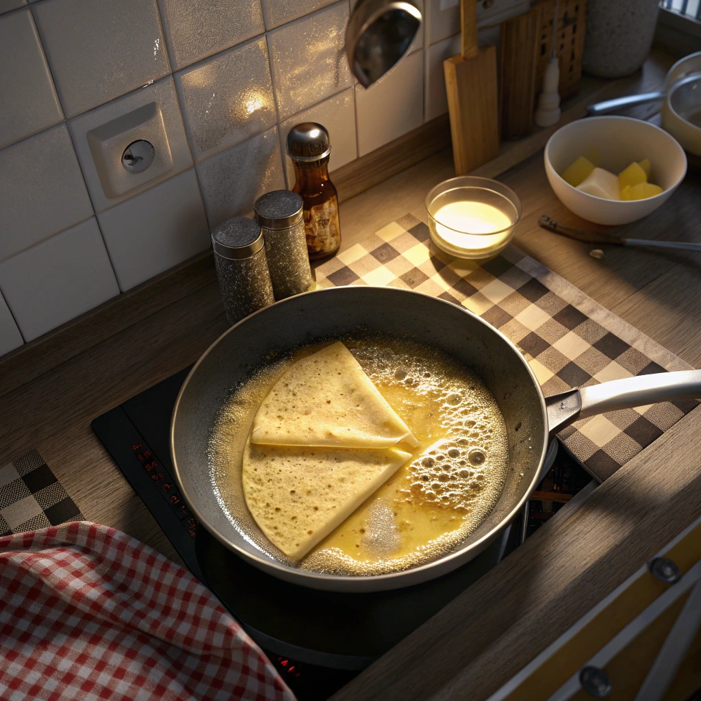 Cooking Crêpes Suzette in a skillet with bubbling orange-butter sauce on a cozy kitchen stove.