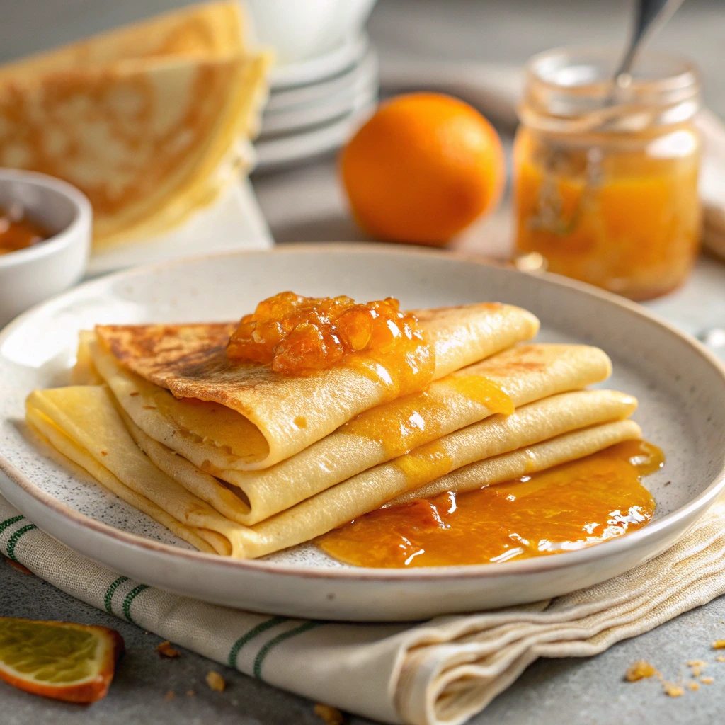 Freshly made Crêpes Suzette folded on a plate and topped with golden homemade orange sauce.