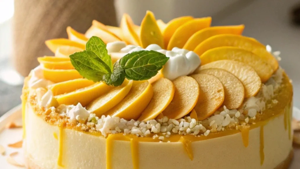 Sliced mango cake topped with fresh mango slices, whipped cream, and mint, showcasing a tropical dessert presentation.