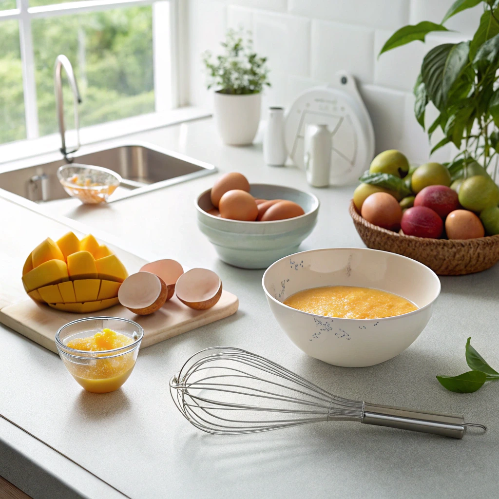 Mango cake preparation setup with fresh mango, eggs, purée, and batter on a bright kitchen counter.