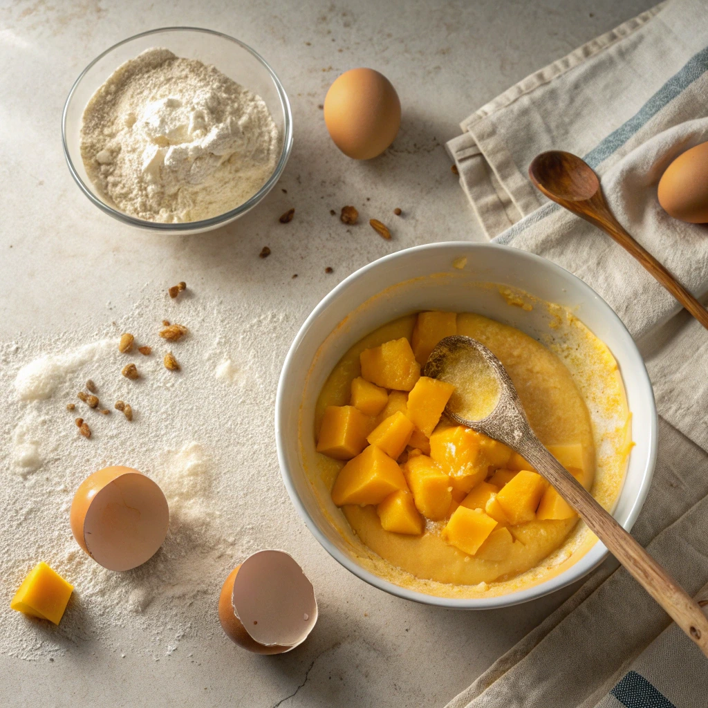 A bowl of mango cake batter with fresh mango chunks, eggshells, flour, and a wooden spoon on a kitchen counter.