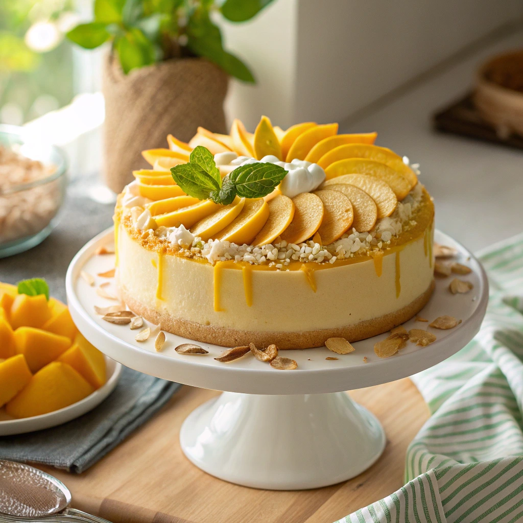 A tropical mango cake topped with mango slices, whipped cream, and mint, displayed on a white cake stand with garnishes.