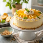 A creamy mango cake topped with fresh mango slices, piped whipped cream, mint leaves, and crushed nuts on a white cake stand.