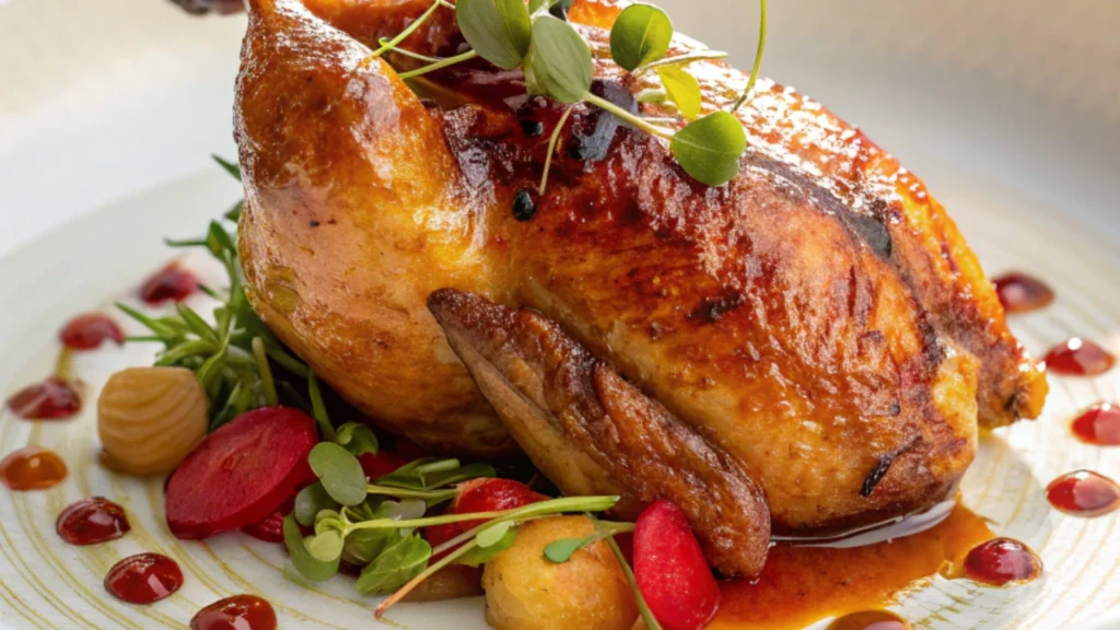 Glossy orange marmalade chicken served with greens, root vegetables, and a citrus glaze.