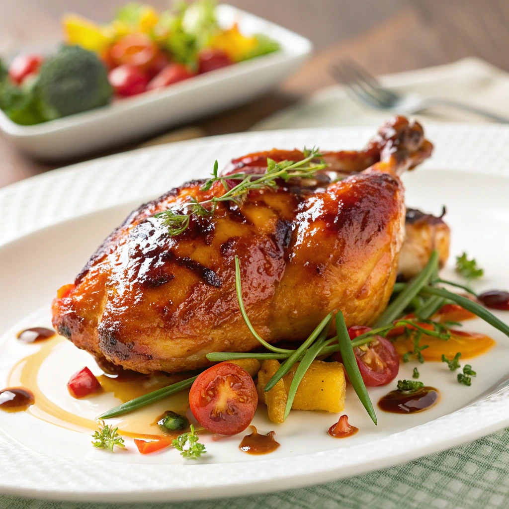 Plated orange marmalade chicken with citrus glaze, cherry tomatoes, herbs, and vegetables on a white dish.