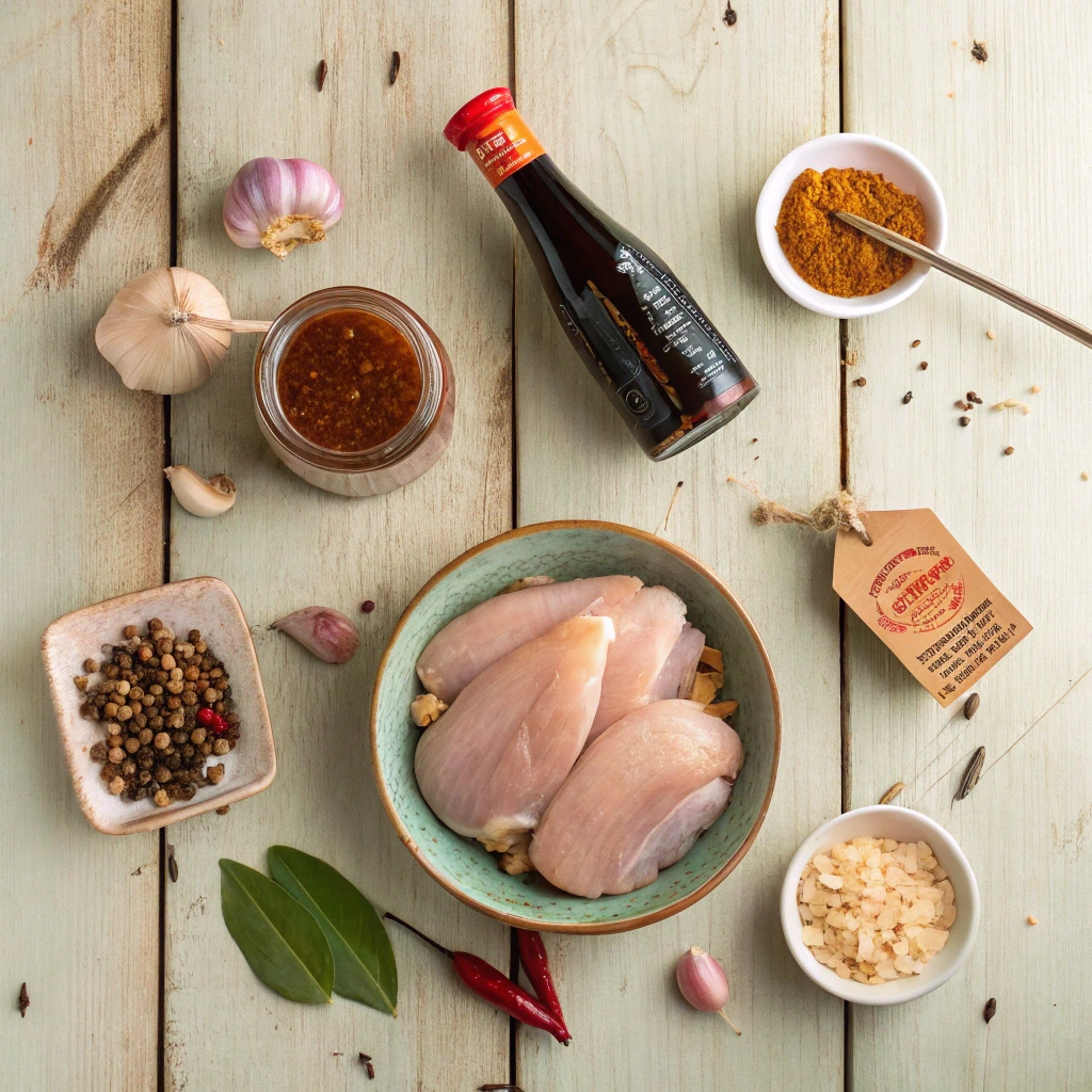 Ingredients for orange marmalade chicken including raw chicken breasts, garlic, soy sauce, spices, and citrus glaze marinade.